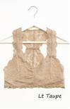 Light taupe lace top on a hanger with 'Lt Taupe' text below.