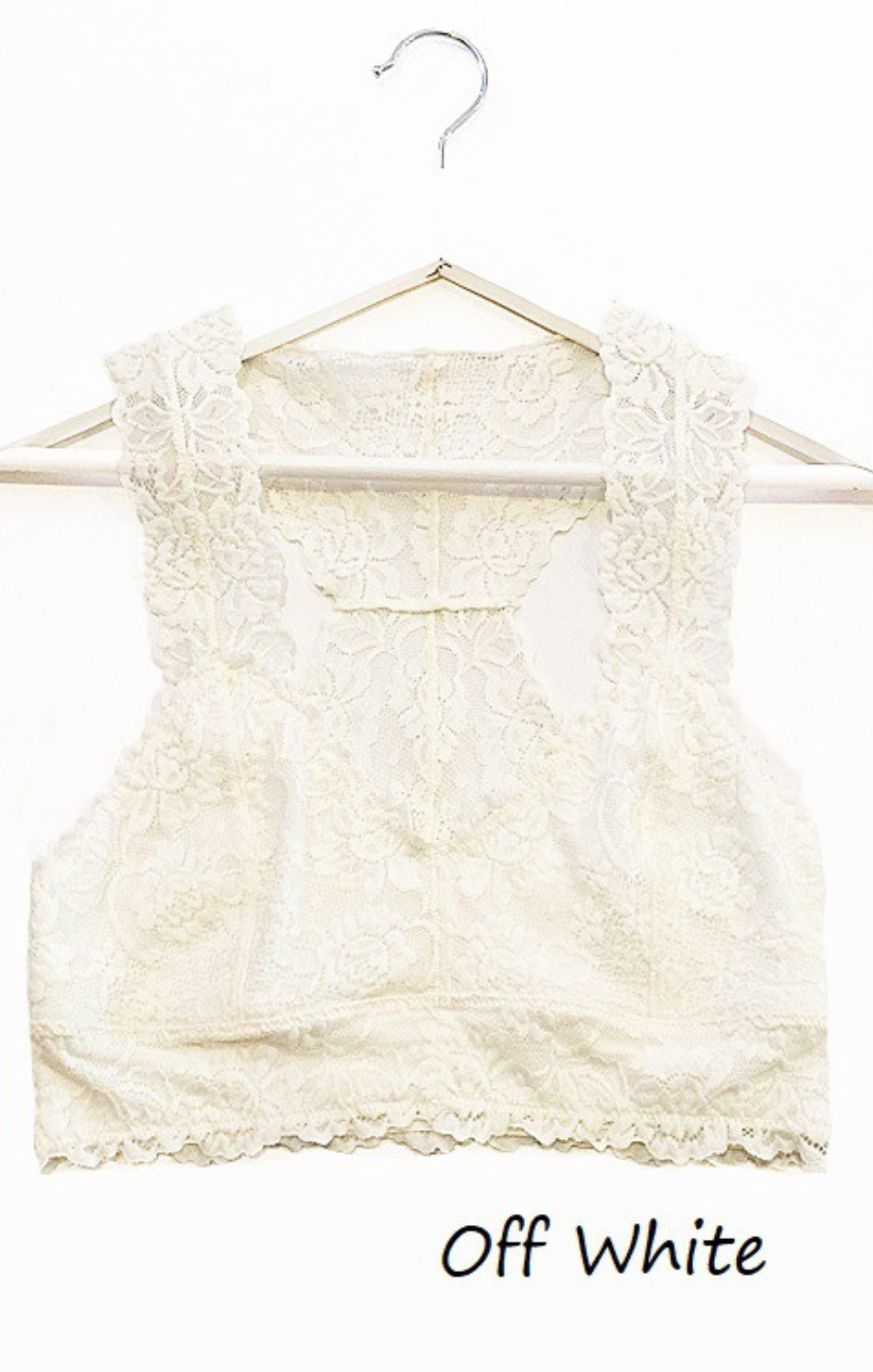 Off-white lace top on a hanger with 'Off White' text below.