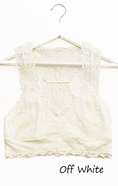 Off-white lace top on a hanger with 'Off White' text below.