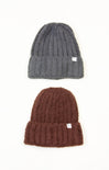 Two knit hats, one gray and one brown, on a white background.