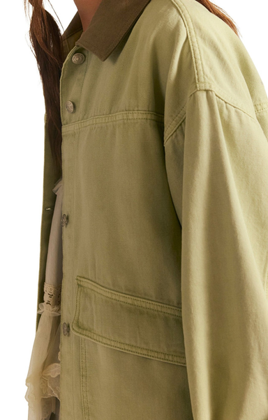 Close-up of a light green jacket with a brown collar