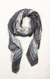 Patterned scarf with blue and gray design on a white background