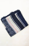 Navy blue scarf with multicolor stripes on a white background