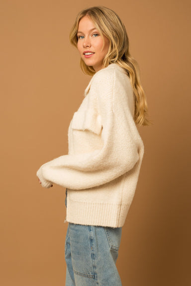 LILIANA SWEATER JACKET-cream,zipper closure,long sleeve,collared,two front pockets