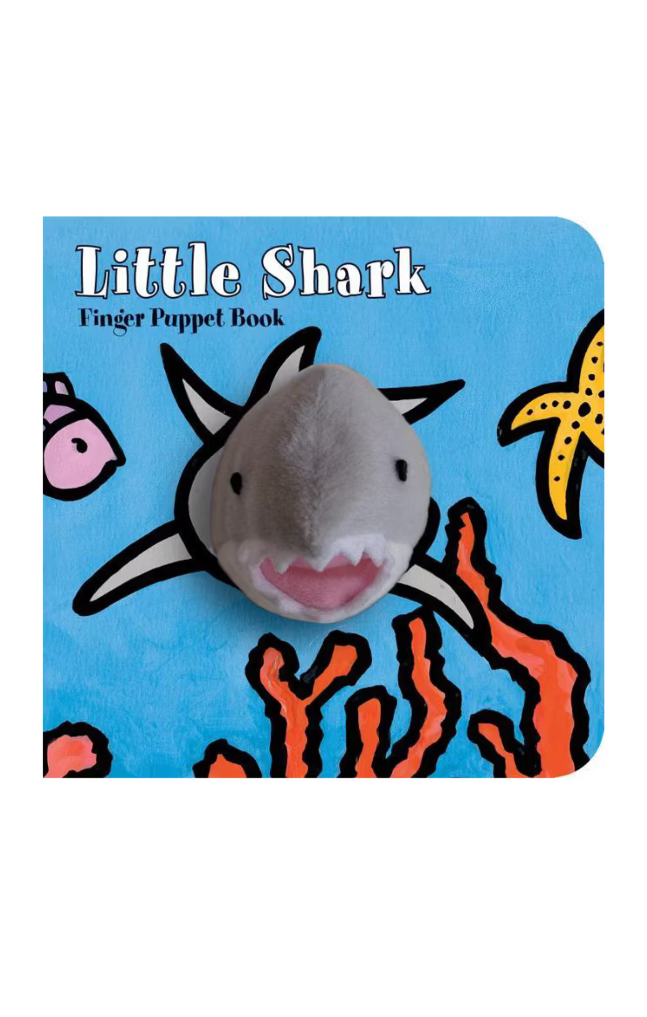 Finger puppet book titled 'Little Shark' with a shark illustration on a blue background.