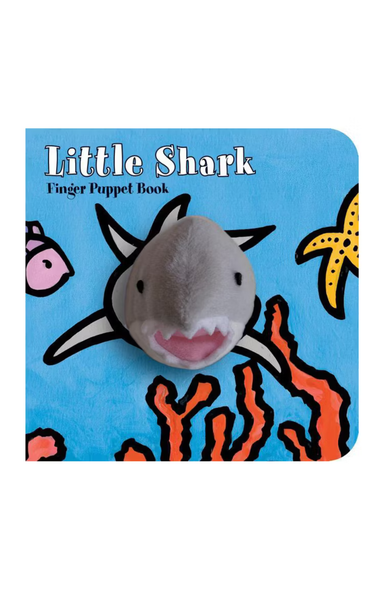 Finger puppet book titled 'Little Shark' with a shark illustration on a blue background.
