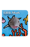 Finger puppet book titled 'Little Shark' with a shark illustration on a blue background.