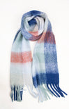 Plaid scarf with blue, red, and white colors on a white background