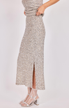 Silver sequin skirt worn by a person on a light gray background
