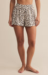 A pair of high-waisted leopard print shorts with an elastic waistband and knee length.
