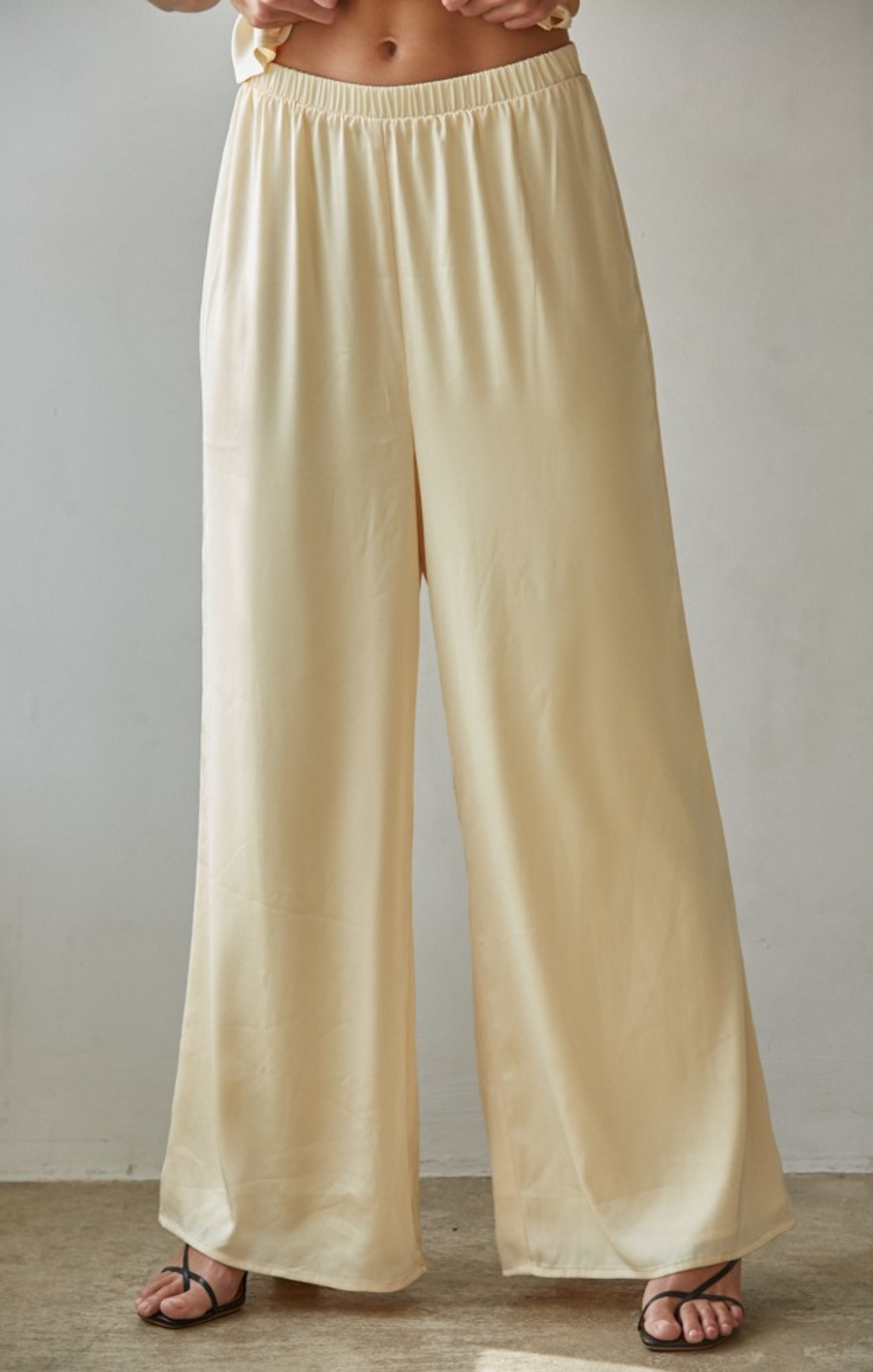 Beige wide-leg pants worn by a person on a plain background