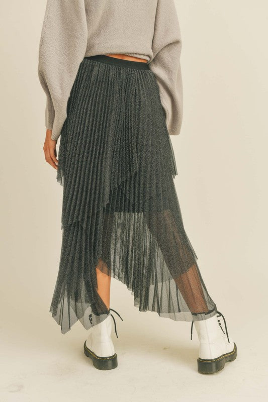 MADISON MESH PLEATED SKIRT-black,metallic fabric,pleated,elastic waistband,skirt