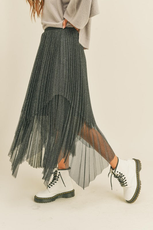 MADISON MESH PLEATED SKIRT-black,metallic fabric,pleated,elastic waistband,skirt