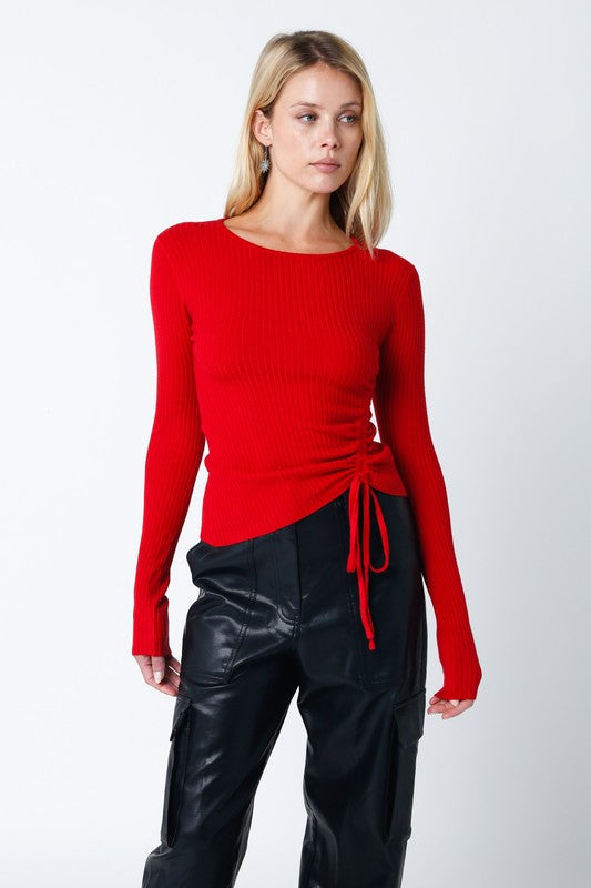 MAEVE RUCHED TOP-volcano red,long sleeve,cinched side,scoop neck,ribbed