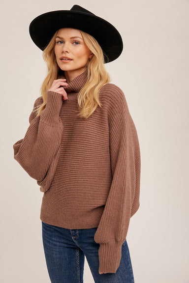 MARIA BATWING RIBBED SWEATER-mocha,ribbed material,turtleneck,long sleeve,batwing sleeve