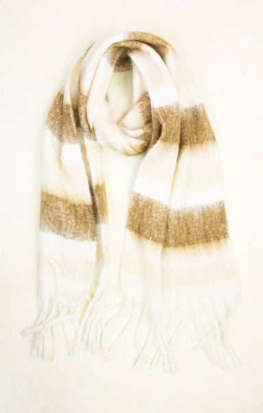 Plaid scarf with brown and beige stripes on a light background