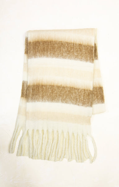 Striped scarf with brown and beige tones on a white background