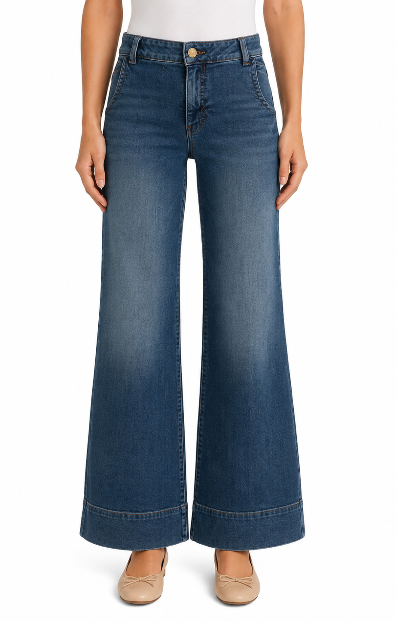 Blue wide-leg jeans worn by a person on a white background