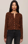 Woman wearing a brown leopard print blouse against a plain background