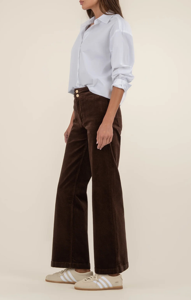Person wearing a light blue shirt and brown wide-leg pants on a beige background