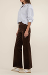 Person wearing a light blue shirt and brown wide-leg pants on a beige background