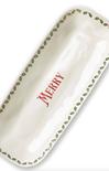 Rectangular ceramic tray with 'MERRY' text and green leaf patterns on a white background