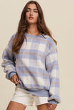MIA PLAID CREW SWEATER - Blue taupe and white plaid, crewneck, oversized sleeves, relaxed fit.