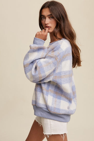 MIA PLAID CREW SWEATER - Blue taupe and white plaid, crewneck, oversized sleeves, relaxed fit.