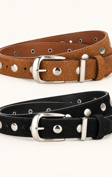 Two studded belts, one brown and one black, both with silver-tone metal buckles and studs, displayed on a clean off-white background.