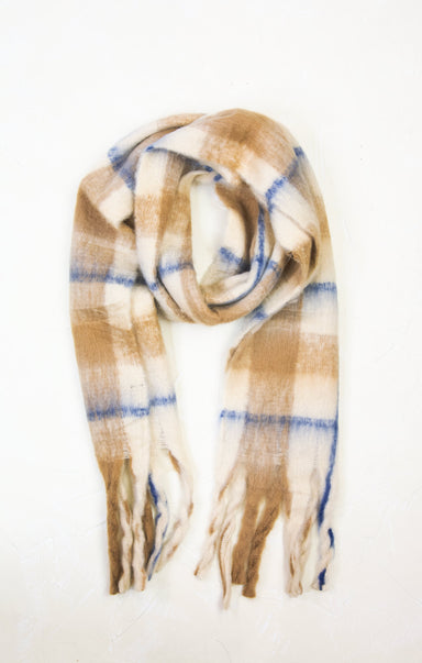 Plaid scarf with brown, beige, and blue colors on a white background