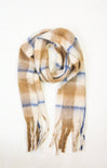 Plaid scarf with brown, beige, and blue colors on a white background