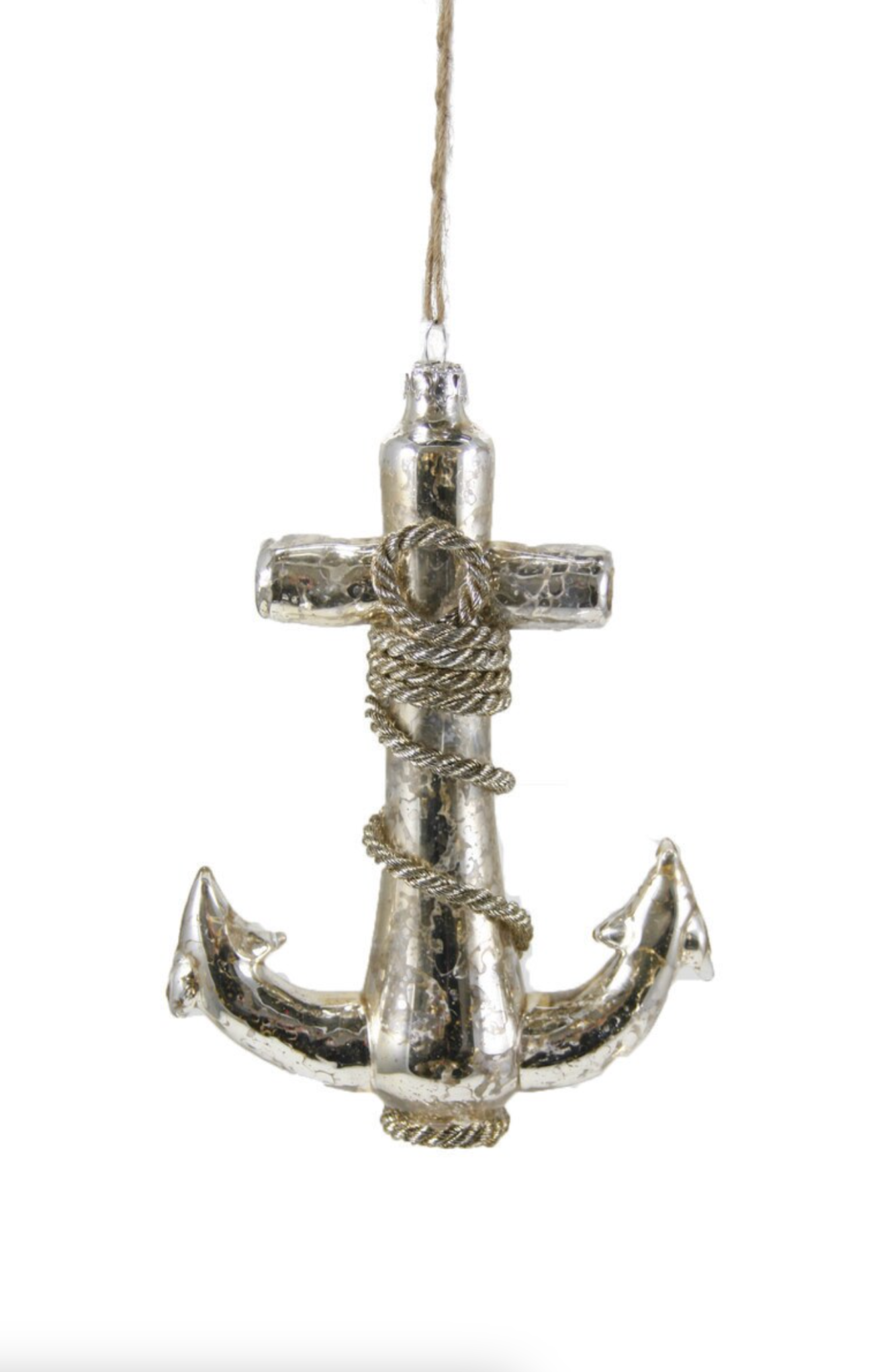 Decorative silver anchor with rope on a white background
