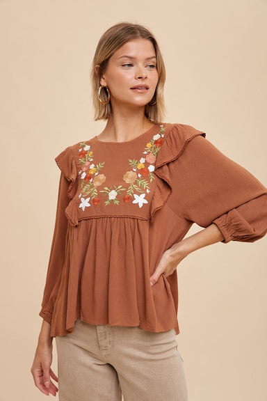 MILLIE EMBROIDERED BLOUSE - camel top with floral detail on the front, loose relaxed fit