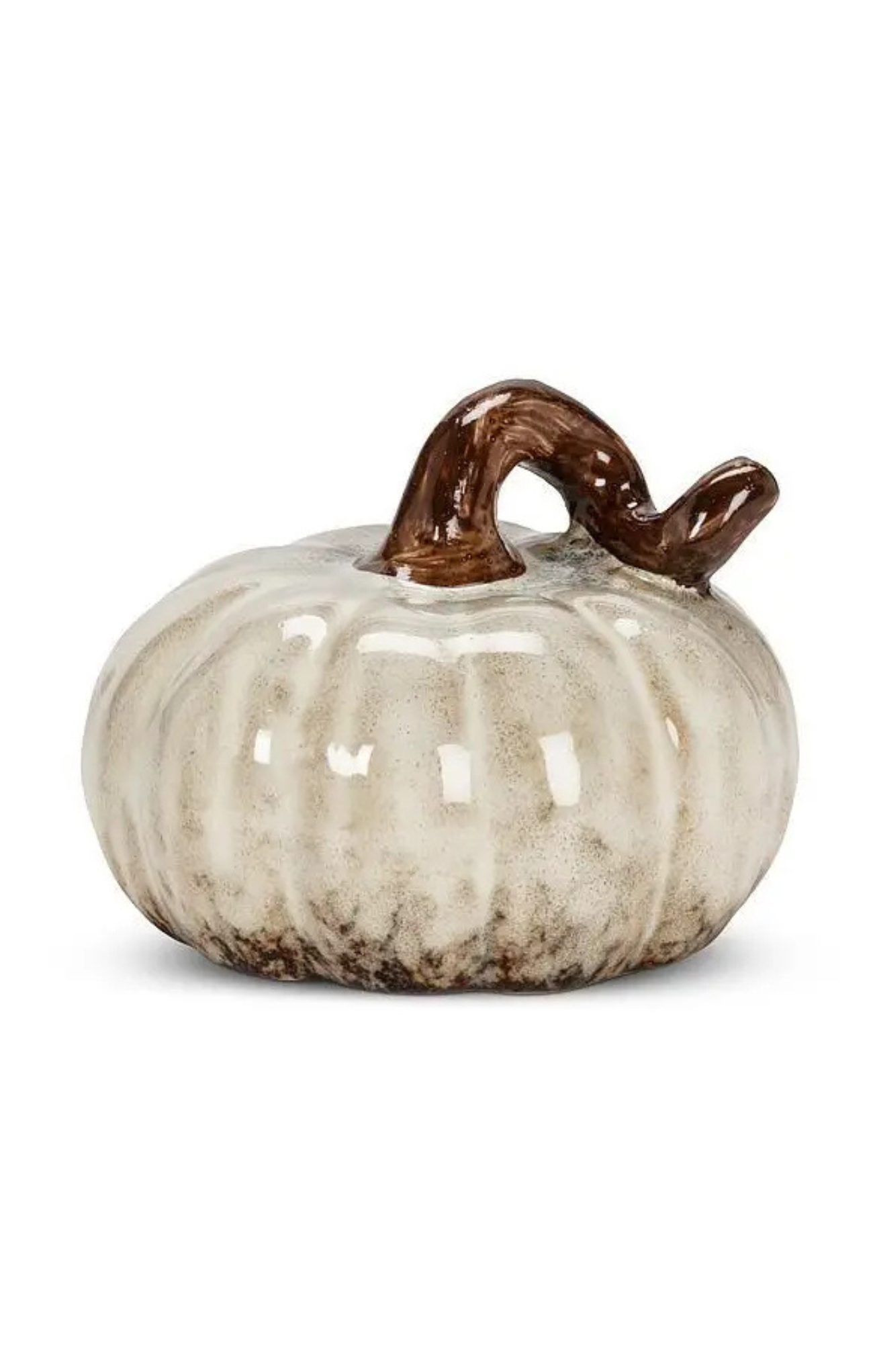 A small decorative ceramic pumpkin with a ribbed textured body in off-white and beige tones, featuring a glossy brown stem, set against a plain white background.