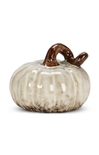 A small decorative ceramic pumpkin with a ribbed textured body in off-white and beige tones, featuring a glossy brown stem, set against a plain white background.