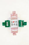 Set of colorful hair clips with 'Love Bird' text on a white background