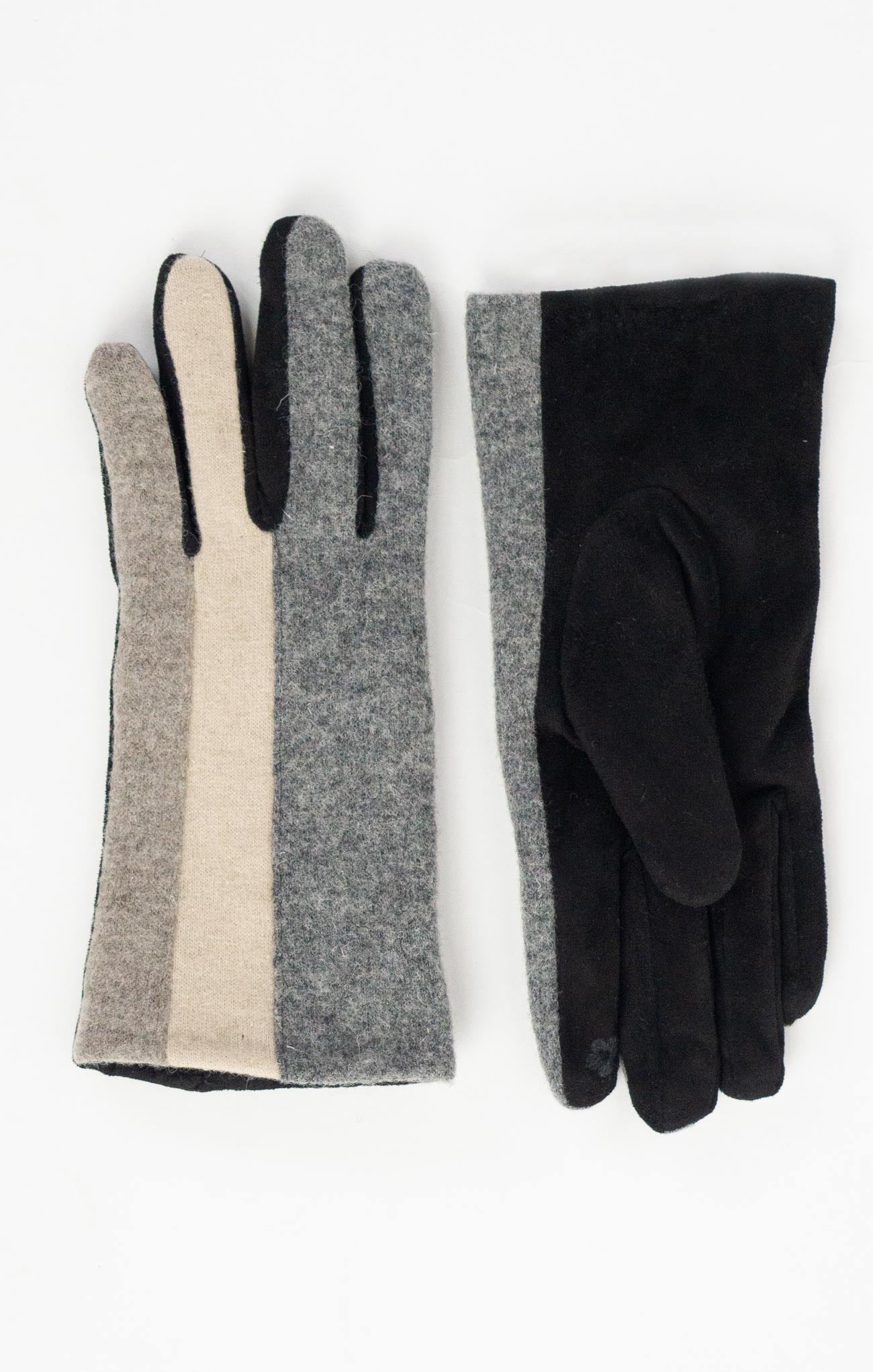 MINIMAL COLOR BLOCK GLOVES-taupe,stripes with different colors,black suede on inside of glove