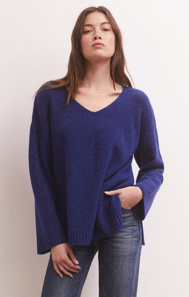 Modern Sweater - Blue, Long Sweater, Relaxed Fit, V Neck, Long Sleeve