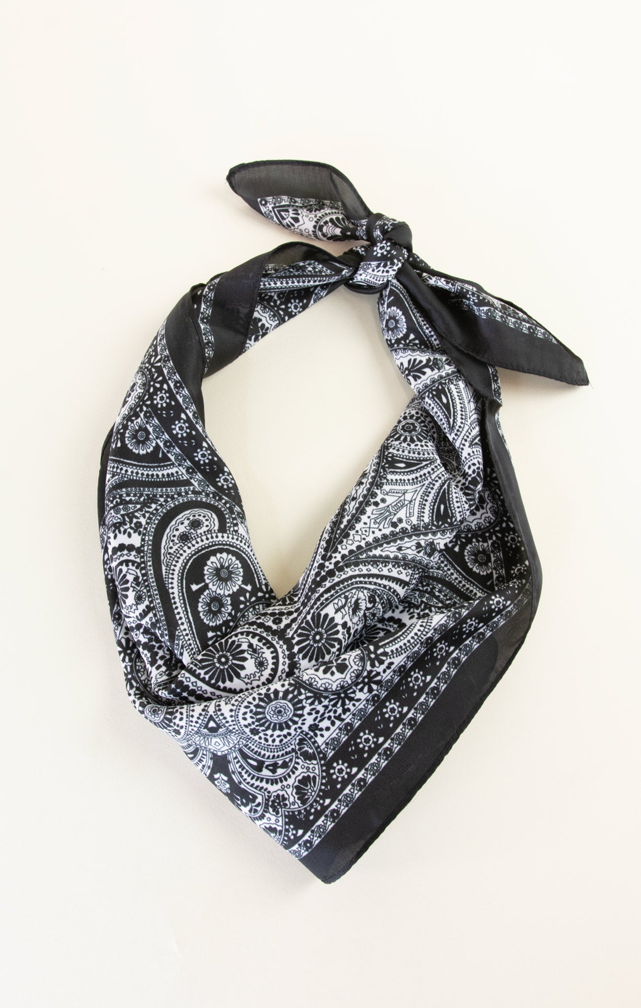 Black and white paisley bandana on a white background
