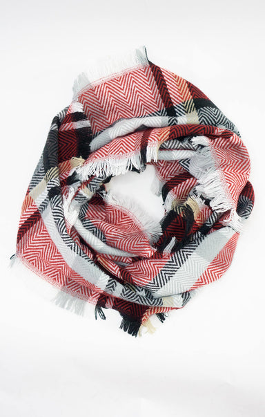 MULTI PLAID-INFINTY SCARF-red,black,infinity,frayed edges,plaid pattern