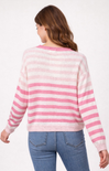 Person wearing a pink and white striped sweater and blue jeans on a white background