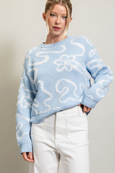 NATALIA SWIRL SWEATER-pale blue,floral and swirl pattern,long sleeve,round neck,knitted sweater
