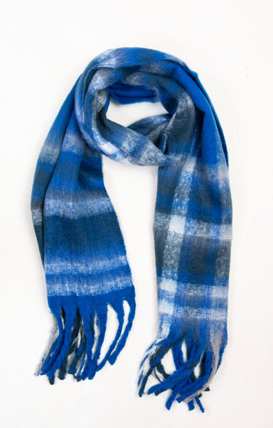 Blue plaid scarf with tassels on a white background