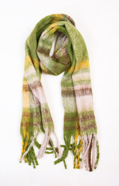 Plaid scarf with green, yellow, and white colors on a white background