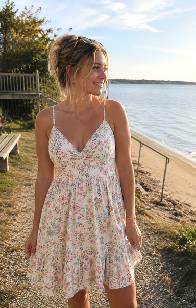 Woman in a floral dress standing by a body of water with a scenic background