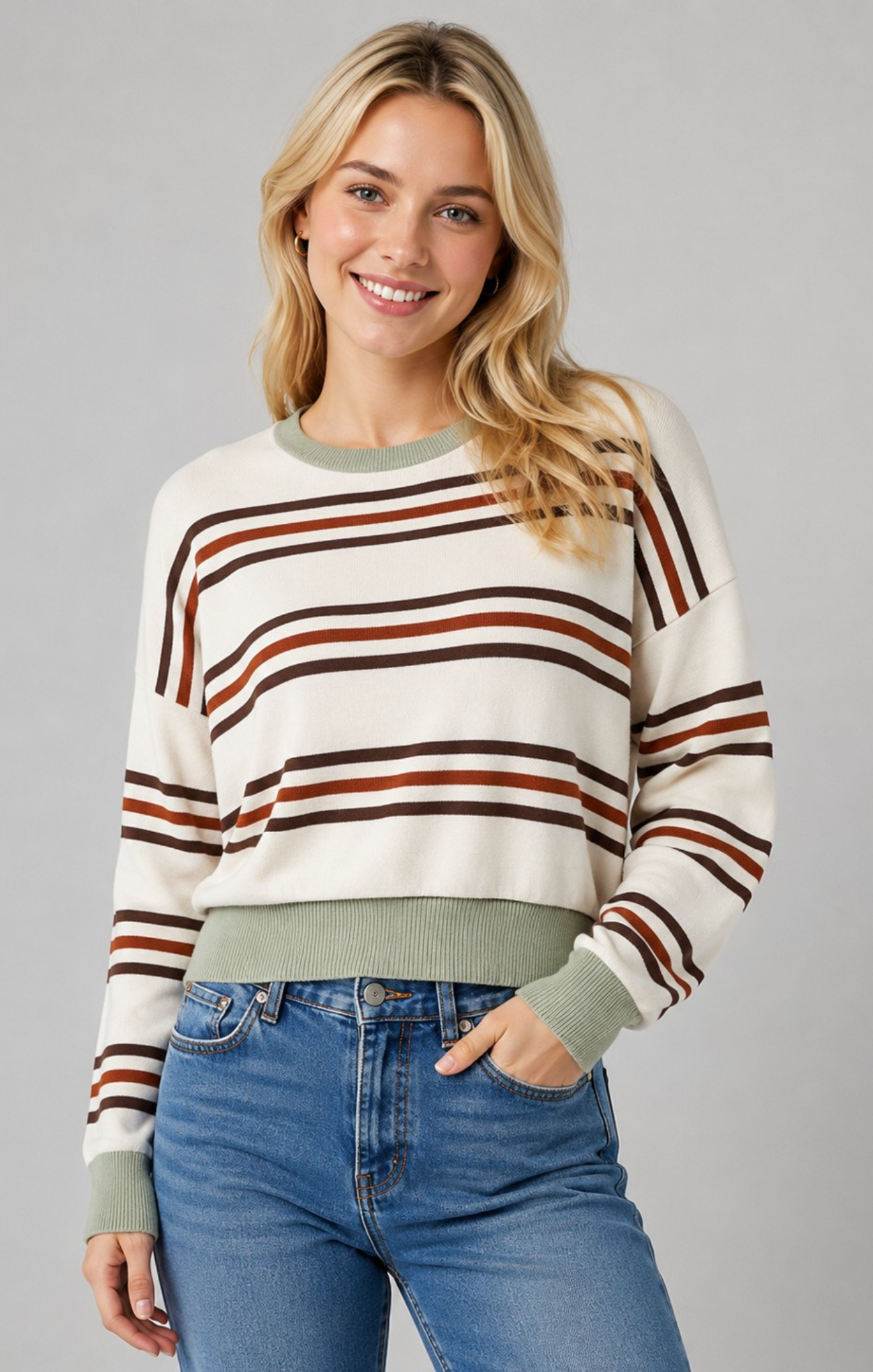 A woman wearing a cream-colored crewneck sweater with brown and rust-orange horizontal stripes, paired with blue jeans, against a solid gray studio background.