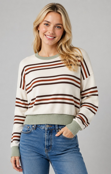 A woman wearing a cream-colored crewneck sweater with brown and rust-orange horizontal stripes, paired with blue jeans, against a solid gray studio background.