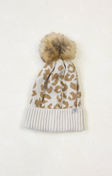 Beige leopard print beanie with a pom-pom on a white background