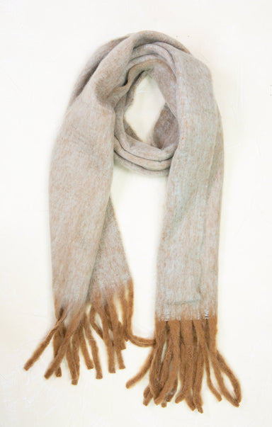 Gray scarf with brown fringes on a mannequin against a white background