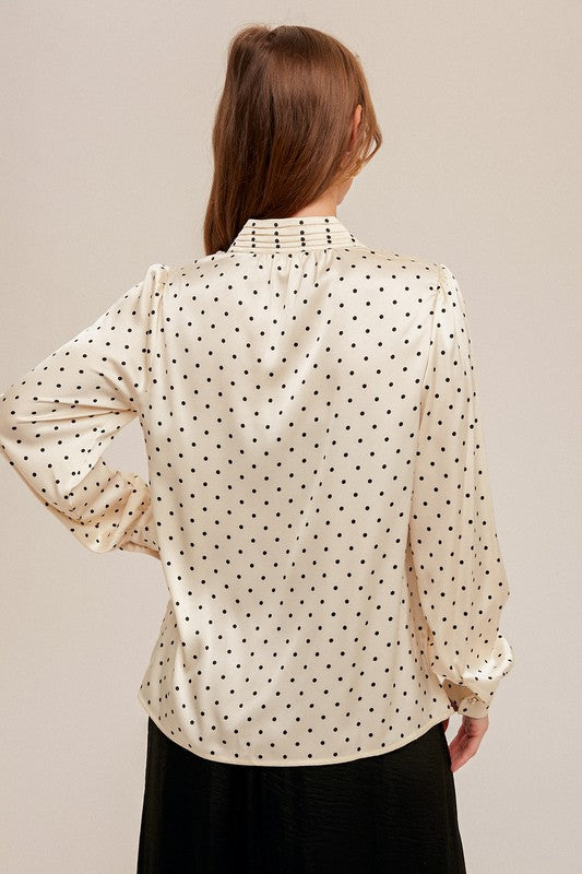 NORA POLKADOT BLOUSE - White blouse with black polka dots, flowy bodice, v neck, button down